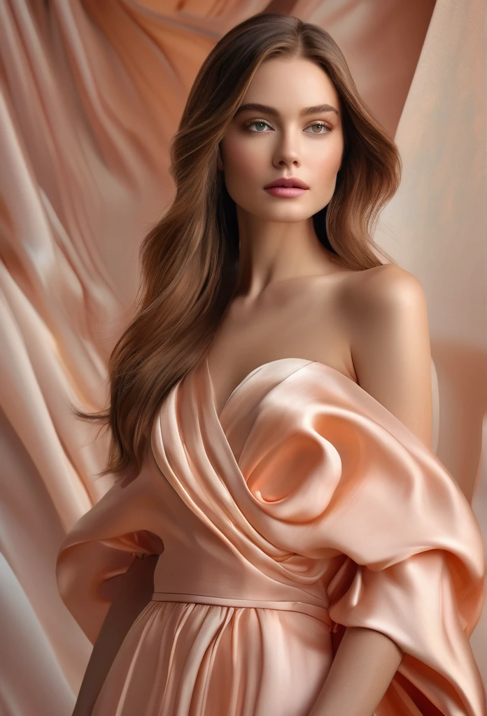 a detailed and elegant silk dress, peach nectar, soft light, serene, high-quality, photorealistic, intricate folds, shimmering texture, delicate skin, beautiful girl, long hair, detailed eyes, refined beauty, natural lighting, glowing complexion, cinematic composition, warm tones, masterpiece