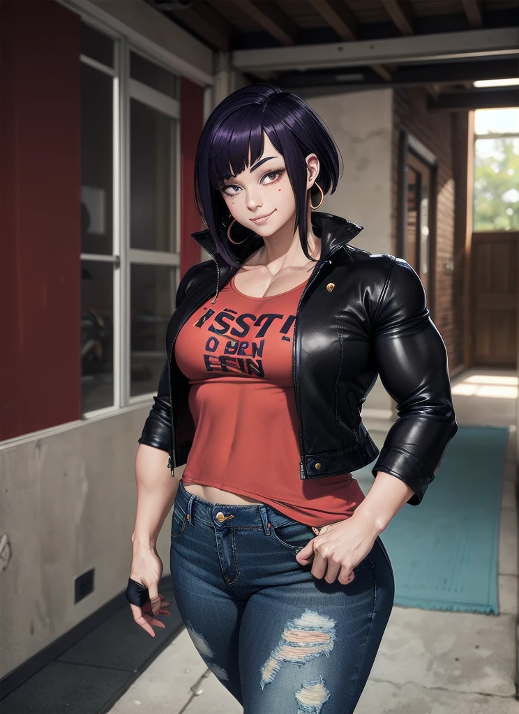 ((best quality)), ((muito detalhado)), ​masterpiece, most absurd, (detailled eyes, deep eyes), (((1 girl))), Perspective distortion, contrasted, Stand, ((legs auseinander)), crossed arms, Cowboy-shot, from bottom, Viewers look at, jirou2, purple hair, shorth hair, bangs, black eyes, long earlobes, small breasts, smiling, (Facial spots), neck ribbon, rotes Shirt, , leather jacket, black jacket, open jacket, white fingerless gloves, ((Lange Jeans Hose)), boots, (indoors, in a hall), ((Bodybuilder)), ((((extremely muscular)))), young woman, Muscular, legs ,  Muscular Arme,  Muscularr Oberkörper,  Muscular Bauchmuskeln 