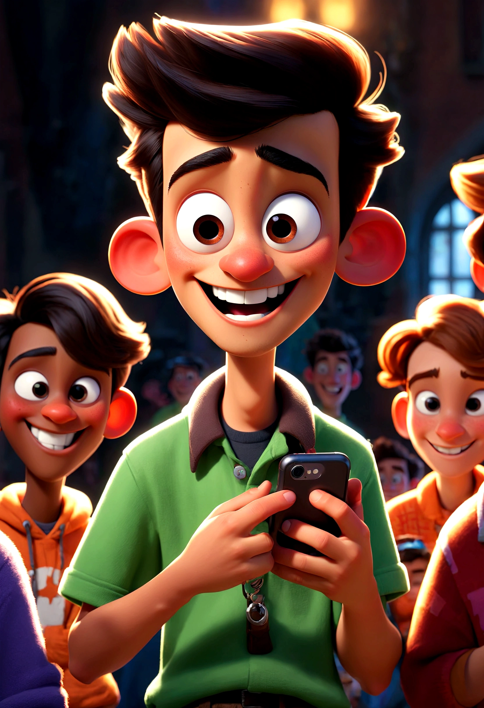"A Pixar-style teenager character named Eufórico, always smiling, wearing vibrant clothes, and holding a smartphone. He is surrounded by friends, all laughing and having fun."