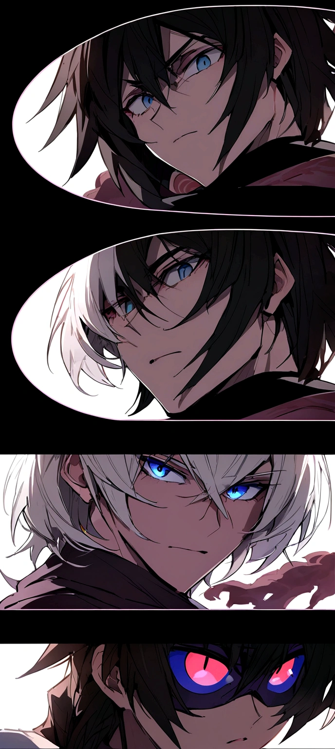 I want a character with white hair and blue eyes, he is looking at the camera from below with a face seen from below and horizontally, his face is shadowed and his eyes are shining, his outfit is white with a black scarf and on his side he has a cute skull head with black fire around it. He is 20 years old with a mature and broad face with a very serious anime style.