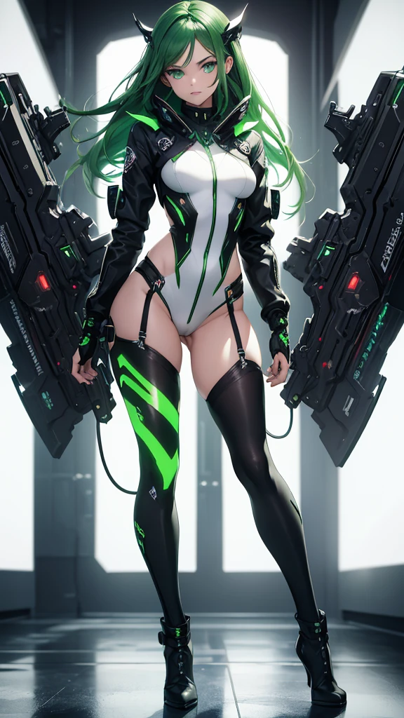 masterpiece, highest quality, (solo focus), (perfect face:1.1), (full body), (high detail:1.1), (hyper detailed eyes), dramatic, a woman with paleskin and long dark green hair, green eyes, solo, arrogant expression, neon cyberneticoutfit, boots, white background, art by artgerm, cinematic lighting, fashion, BalenciagaStyle