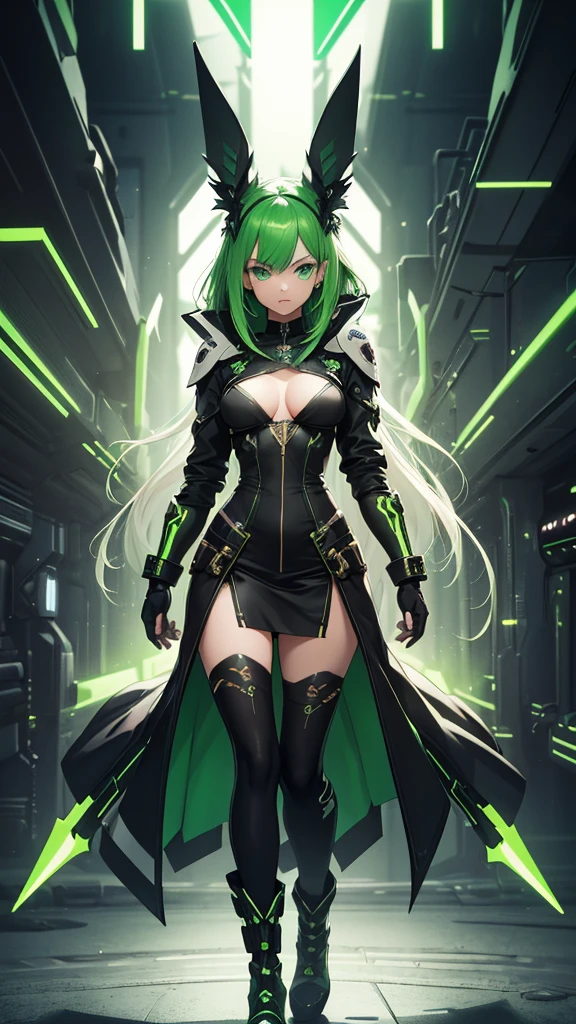 masterpiece, highest quality, (solo focus), (perfect face:1.1), (full body), (high detail:1.1), (hyper detailed eyes), dramatic, a woman with paleskin and long dark green hair, green eyes, solo, arrogant expression, neon cyberneticoutfit, boots, white background, art by artgerm, cinematic lighting, fashion, BalenciagaStyle