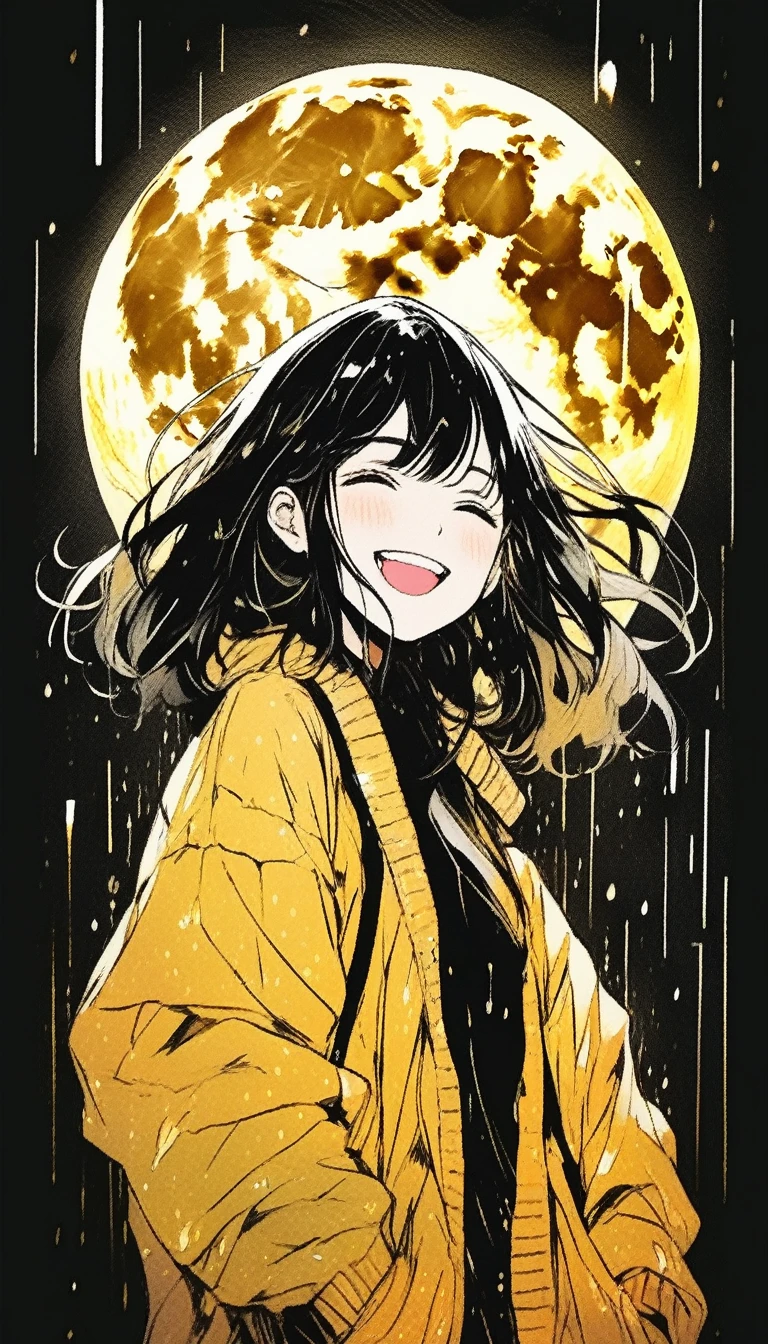 Illustrator, anime , Realistic ,sketch , smile、Laughing with your mouth open、Abstract rain on background、Shining golden full moon、whole body、1 girl, ,lip, sweater,order, Black gradient background, black髪,Short Bob、blacktshirt、Textured Trim, Canadian, (masterpiece,Highest quality) Cancer