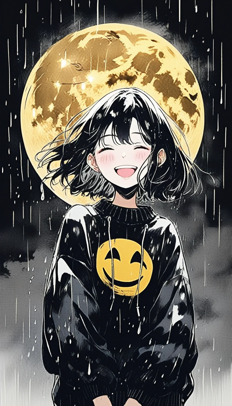 Illustrator, anime , Realistic ,sketch , smile、Laughing with your mouth open、Abstract rain on background、Shining golden full moon、whole body、1 girl, ,lip, sweater,order, Black gradient background, black髪,Short Bob、blacktshirt、Textured Trim, Canadian, (masterpiece,Highest quality) Cancer