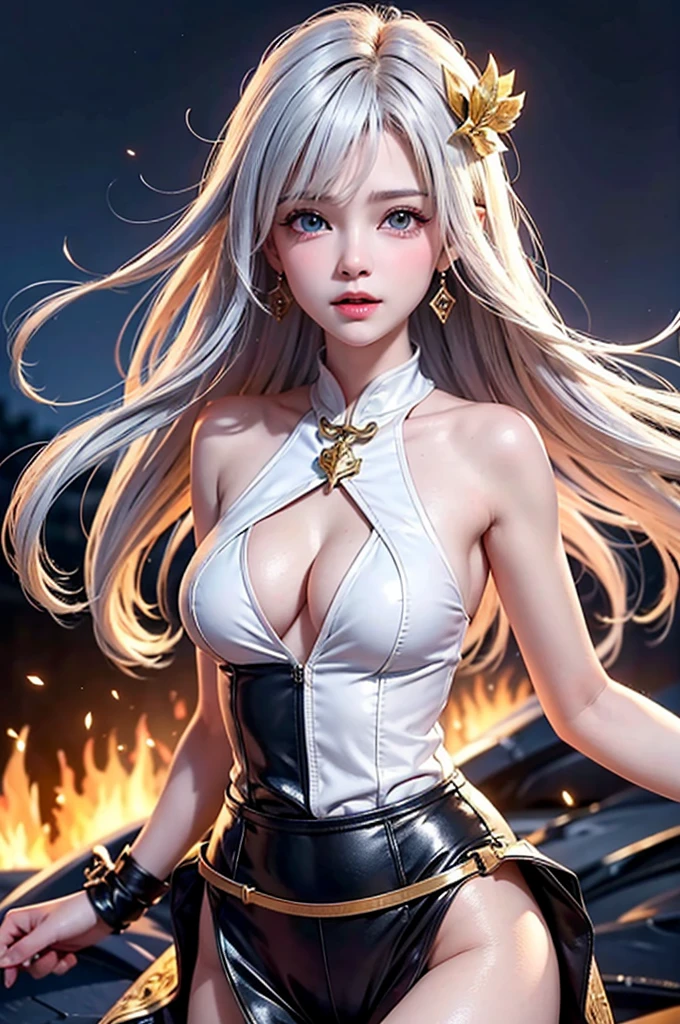 (Close-up image)((masterpiece:1.5,Highest quality,Highly detailed images,Beautiful images、Realistic、Photorealistic、2.5D))(1girl, 独奏,)(Adult women、medium beautiful breasts, white hair, beautiful eyes、Beautiful cleavage)(cleavage_cutout, Leather Suit)(smile, wind, floating hair)(dark、Soft lighting、battlefield)