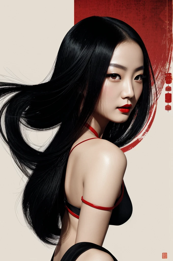 
Chinese ink style portrait of Chinese photographer Zhang Jingna, wearing a black dress and red lipstick with an elegant face against a white background. A flat, high definition illustration in the style of Chinese ink. --ar 71:129 --stylize 750

