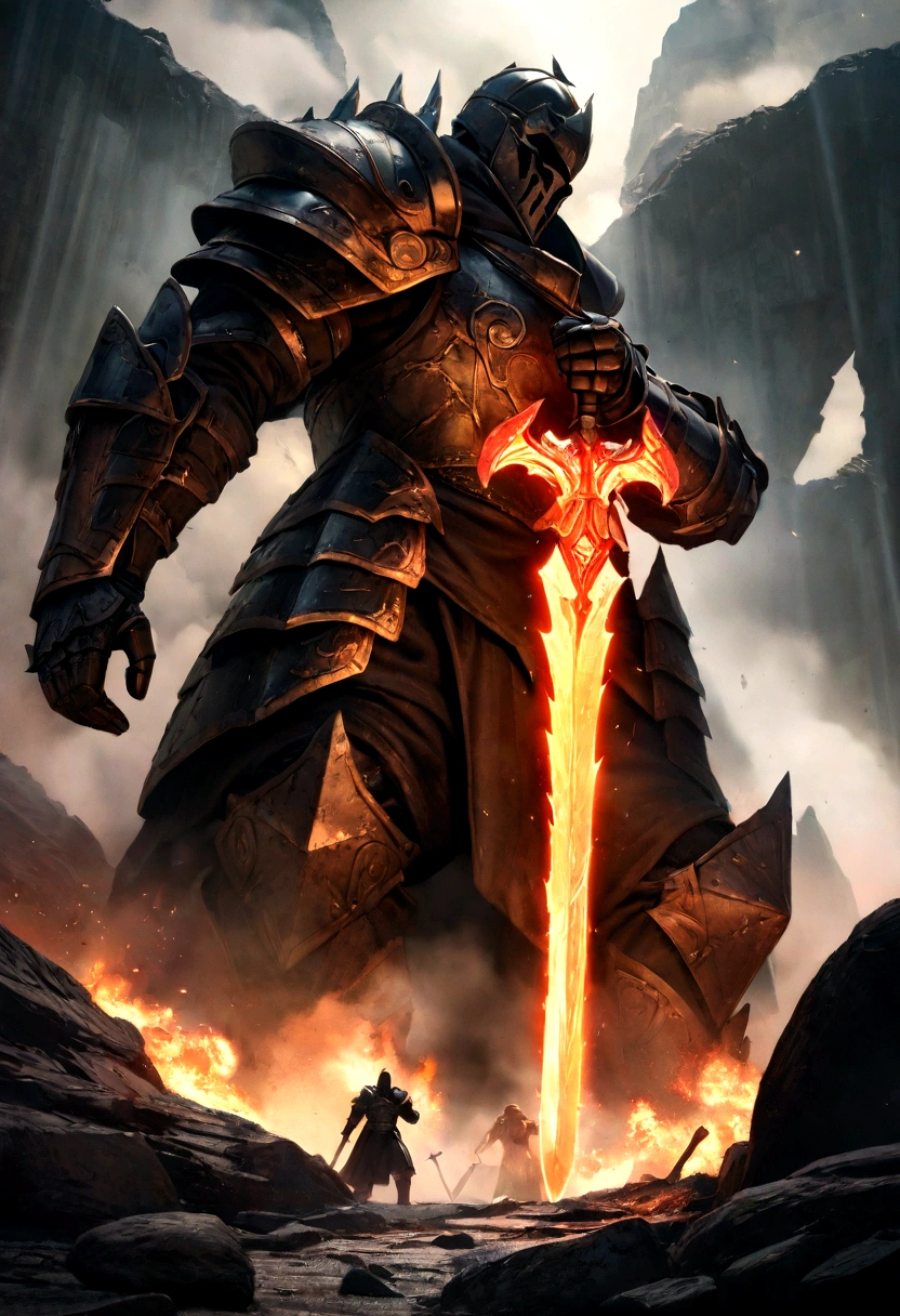 a knight with a giant flaming sword cutting through a stone golem, detailed fantasy character, highly detailed, hyperrealistic, 8k, dramatic lighting, epic scene, rich textures, vibrant colors, cinematic composition, dynamic pose, volumetric fog, god rays, dramatic shadows, ultra-detailed facial features, intricate armor, fiery sword, cracked stone golem, weathered battlefield, moody atmosphere, masterpiece