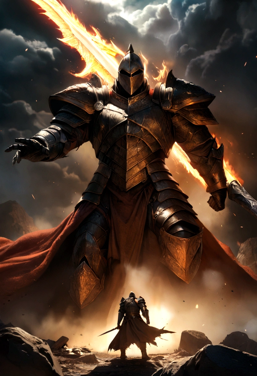 a knight with a giant flaming sword cutting through a stone golem, detailed fantasy character, highly detailed, hyperrealistic, 8k, dramatic lighting, epic scene, rich textures, vibrant colors, cinematic composition, dynamic pose, volumetric fog, god rays, dramatic shadows, ultra-detailed facial features, intricate armor, fiery sword, cracked stone golem, weathered battlefield, moody atmosphere, masterpiece