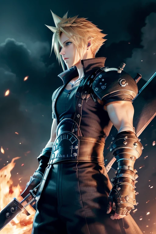 (Highest qualityのディテール:1.2, Realistic, 8K Ultra HD, High resolution, Tabletop, Highest quality, figure, Super detailed, In detail, High resolution, born:1.3), Perfect body, (((One Man))), Standing tall in the middle of a burning city、He has a very large sword on his back、Facing forward、Close-up of a person, (((Cloud Strife))), a photo of Cloud Strife, Glowing Eyes, Glare、Sharp Eyes、nice, sf, fire, Cloud Strife From Final Fantasy, Suncred Waters, A mix of Johan Liebert and Alucard, From Final Fantasy, Amazing anime 8k, Shining,The whole body is shown