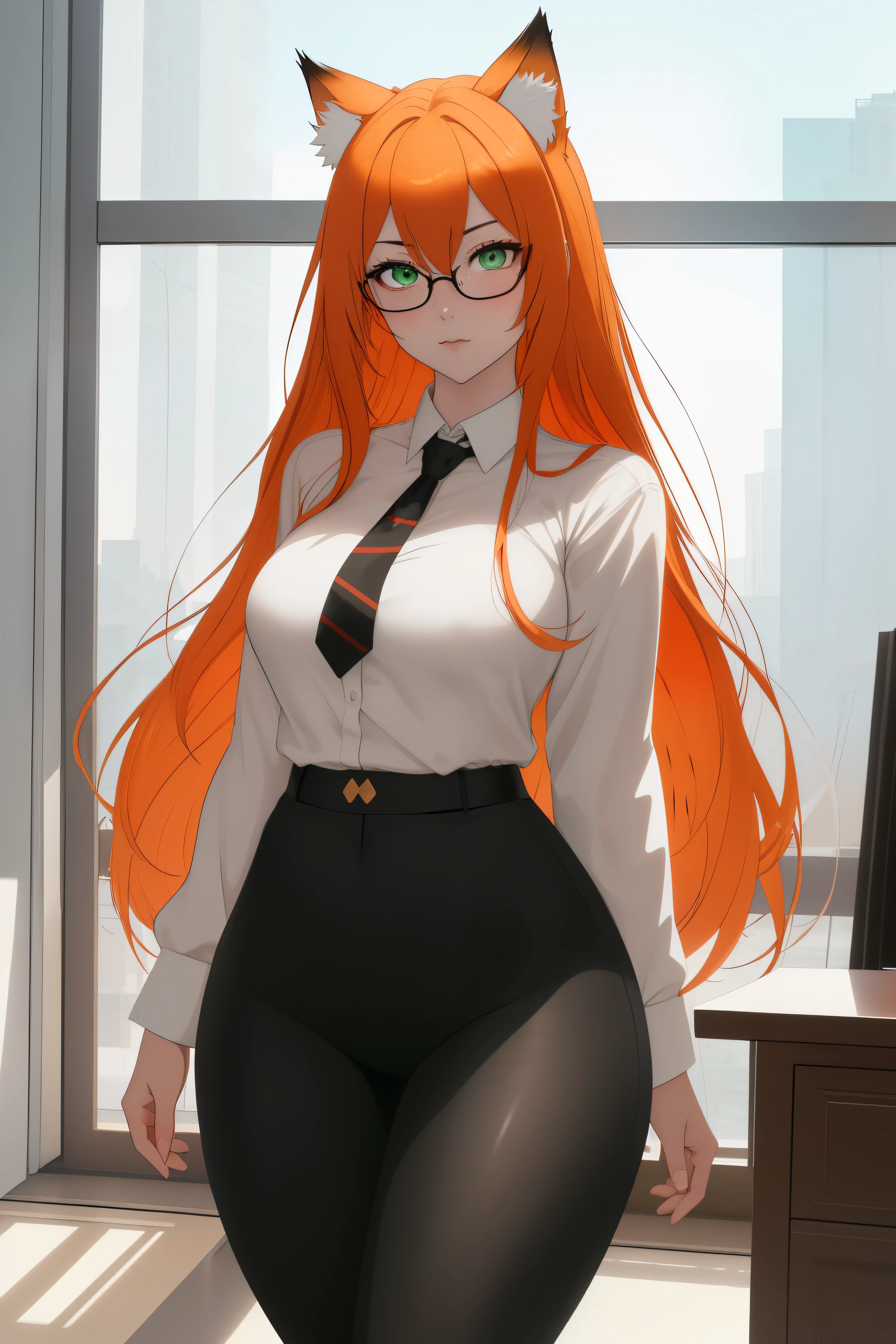 (masterpiece, Best quality), 8K, ultra detailed, realistic photo, Detailed face, perfect lighting, green eyes, bright orange hair, bright hair, fox ears, nice legs, side photo, beautiful, Cute, skin pores, 1 girl, perfect shirt, fully dressed, beautiful women 30 years old, Beautiful proportions, Russian woman, Caucasian, European, Business lady, stunningly beautiful woman, mother, thick legs, show ass, big breasts, (Thin white shirt:1.4), thick, hot, (White Office Wear:1.4), tight pants, (wide hips:1.2), thick, (white Office pants:1.3), spread your legs, Legs open, full length, wide hips, Glasses, with long orange hair, standing on the beach near the ocean, green eyes detailed digital anime art, cat ear, anime girl with long hair, гладкое аниме cg art, anime girl with long hair, digital anime art, work in Guweiz style, Beautiful anime portrait, Photorealistic render of an anime girl, pantyhose, Beautiful anime girl, advanced digital anime art, guweiz на artstation pixiv HD UHD HQ
