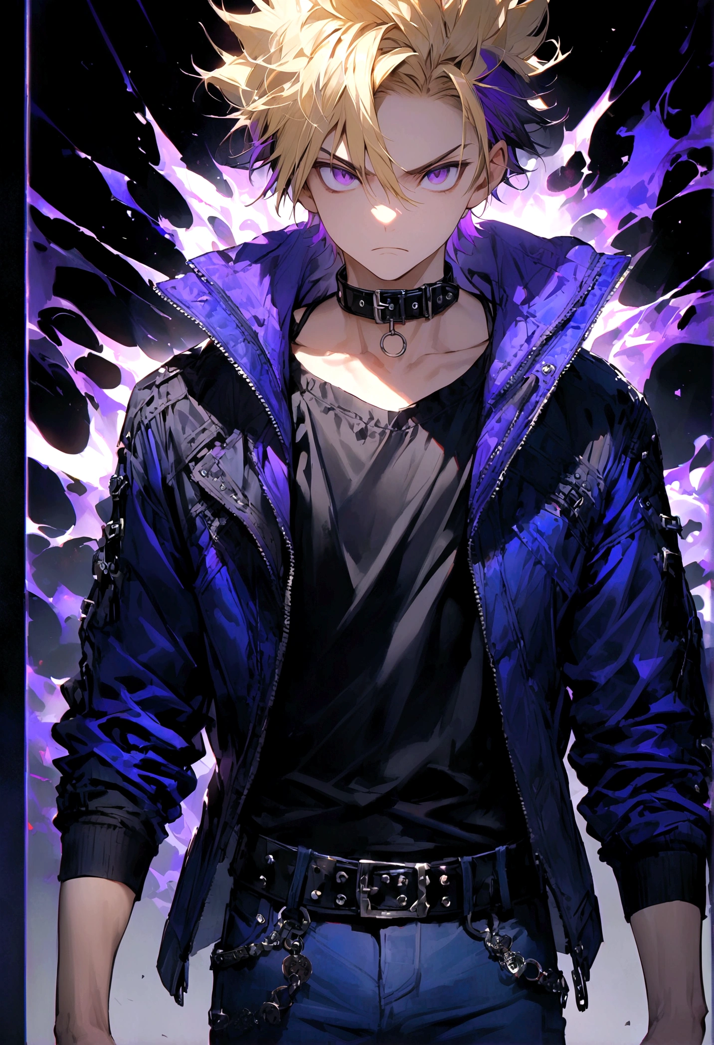 solo, looking at viewer, bangs, blonde hair, simple background, shirt, black hair, long sleeves, 1boy, closed mouth, standing, purple eyes, collarbone, jacket, purple hair, male focus, multicolored hair, open clothes, choker, belt, pants, collar, open jacket, black shirt, frown, spiked hair, blue jacket, black background, clenched hand, buckle, black belt, belt buckle, blue pants, black collar, dyed bangs