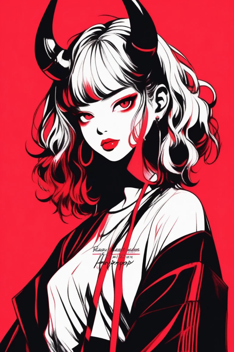 (best quality, sketch:1.2),realistic,illustrator,anime,1 girl with horns, detailed lips,custom, black and red gradient background,neon hair,textured cropping, masterpiece, style retro classic, noir style , Japanese style, full body ((monochrome))