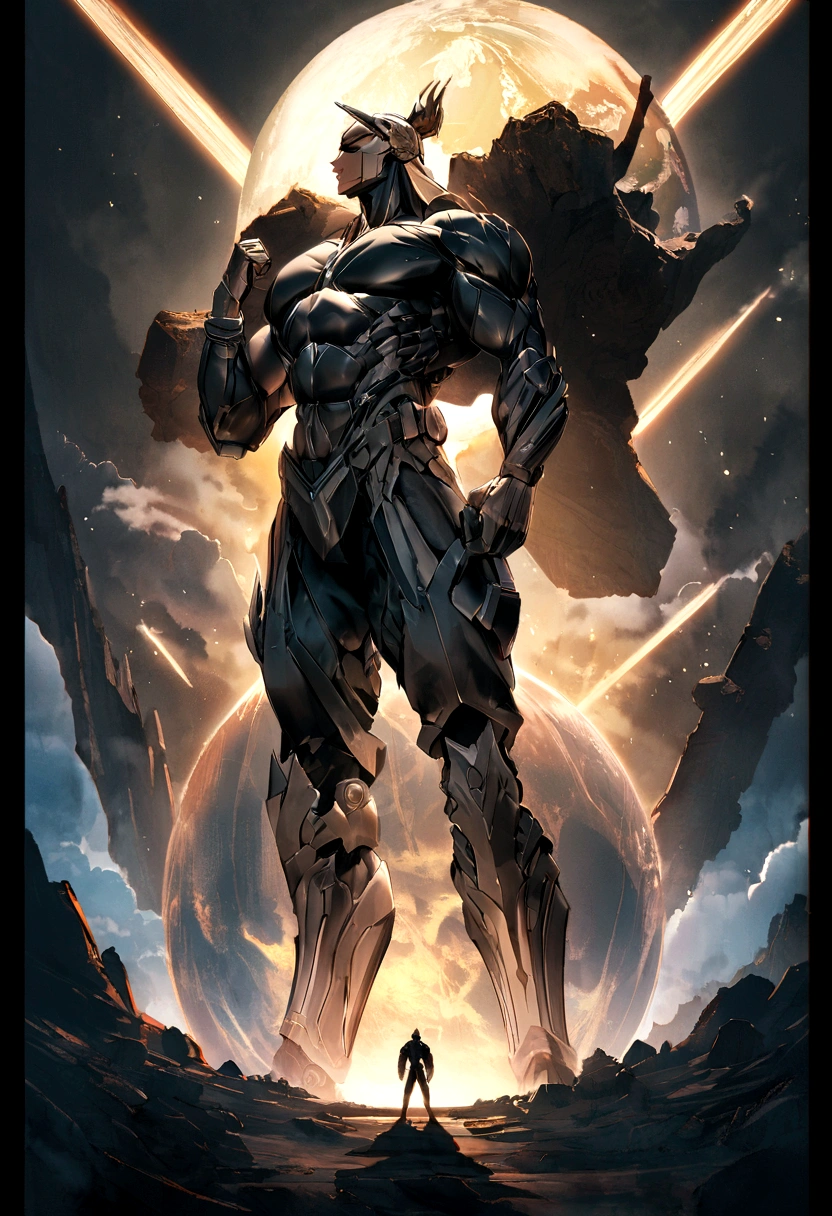 {{Obra maestra, mejor calidad, CG extremadamente detallado, fondo de pantalla de unidad 8k, iluminación cinematográfica, }}, Sony α7, marco ancho, Stronger and athletic Atlas carrying a planet over his shoulders, around that planet there is a letters with stronger and perfectly readable typography that says DEMENTIAL, the letters texture are from pulished steel, the texture of the planet is rocky, Atlas is athletic and fitness.