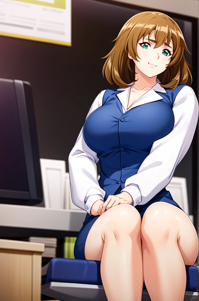 (((カウボーイショット)))、
Business_suit,long sleeves, white shirt, blue vest,
office lady, 
green eyes ,brown hair,Bangs,medium hair,
1 girl, 20yo,Young female,Beautiful Finger,Beautiful long legs,Beautiful body,Beautiful Nose,Beautiful character design, perfect eyes, perfect face,expressive eyes,perfect balance,
looking at viewer,(Focus on her face),closed mouth, (innocent_big_eyes:1.0),Light_Smile,
official art,extremely detailed CG unity 8k wallpaper, perfect lighting,Colorful, Bright_Front_face_Lighting,shiny skin,
(masterpiece:1.0),(best_quality:1.0), ultra high res,4K,ultra-detailed,
photography, 8K, HDR, highres, absurdres:1.2, Kodak portra 400, film grain, blurry background, bokeh:1.2, lens flare, (vibrant_color:1.2),professional photograph,
(Beautiful,large_Breasts:1.4), (beautiful_face:1.5),(narrow_waist),