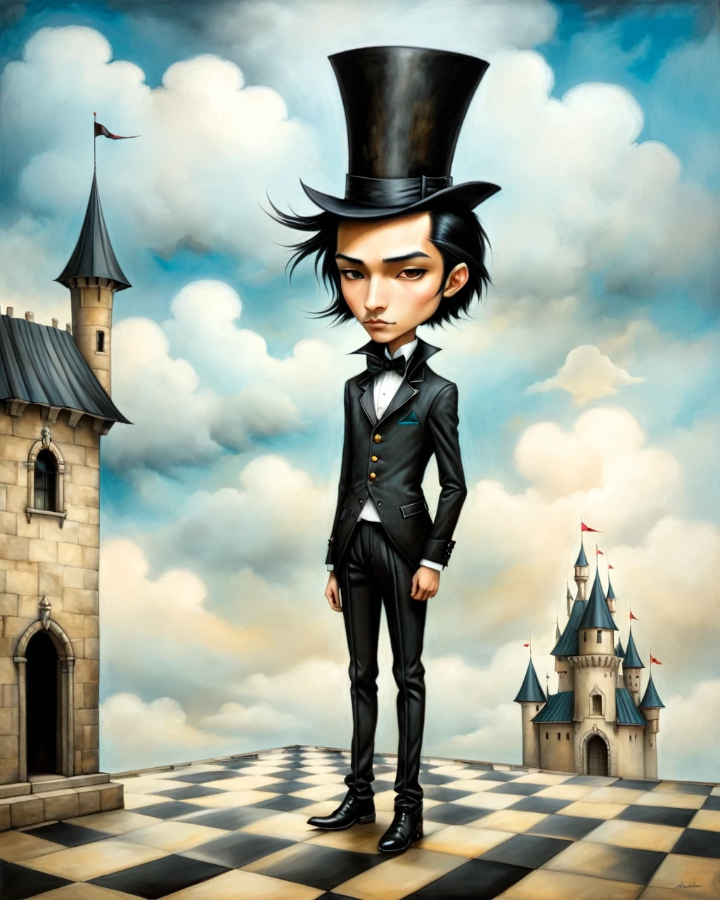 painting of a boy with top hat native american big nose long black hair standing in a courtyard castle on a cloud castle in the sky, mansion checkered floor origami style in the style of esao andrews,esao andrews style,esao andrews art,esao andrewsa  esao andrews, andrews esao artstyle, inspired by Esao Andrews, esao andrews ornate, by Esao Andrews, esao andrews, inspired by ESAO, by ESAO, lori earley, esao andrews, benjamin lacombe, 1boy, in the style of esao andrews, esao andrews . paper art, pleated paper, folded, origami art, pleats, cut and fold, 