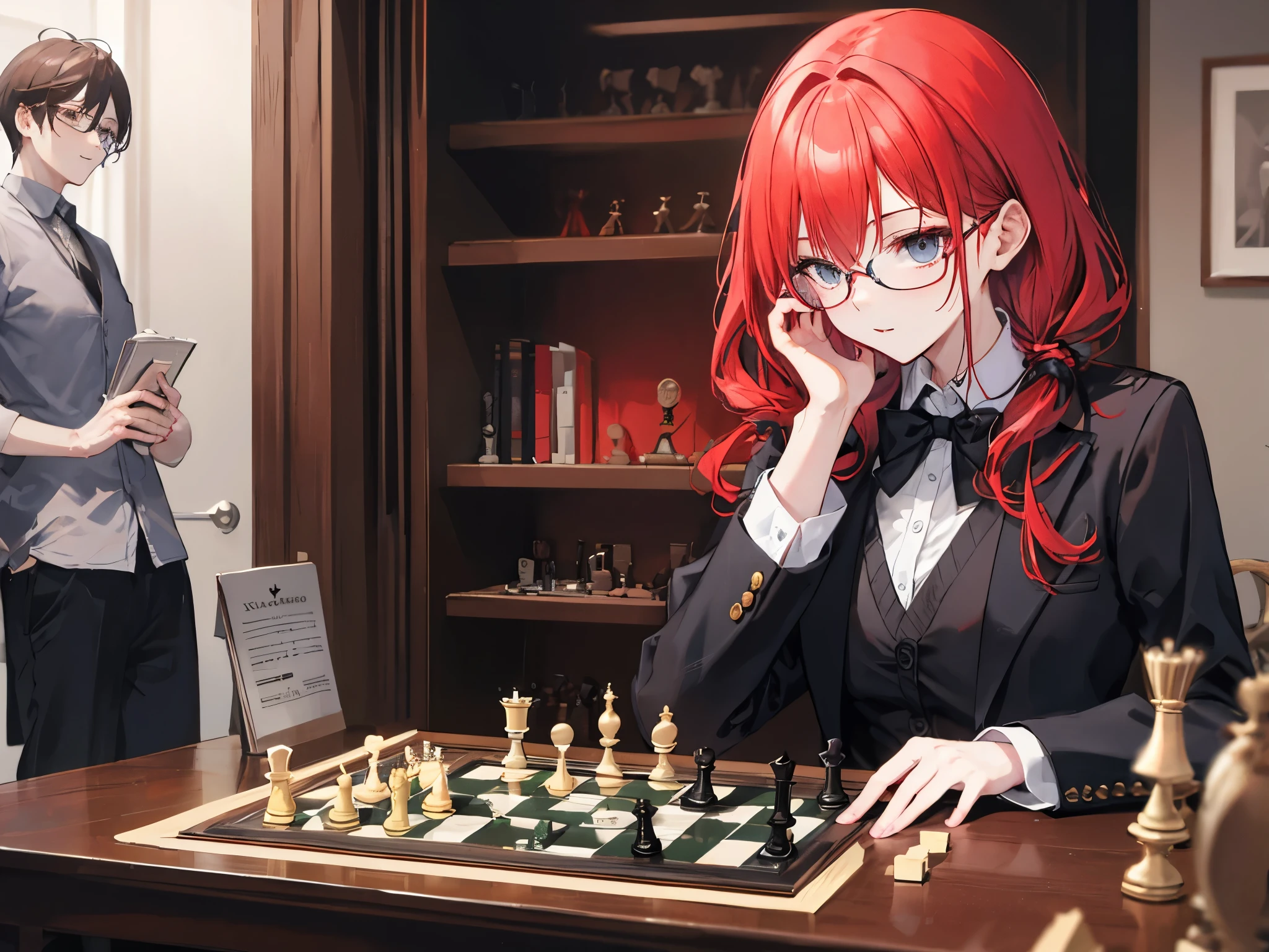 A slender man with glasses and a redhead woman are playing chess