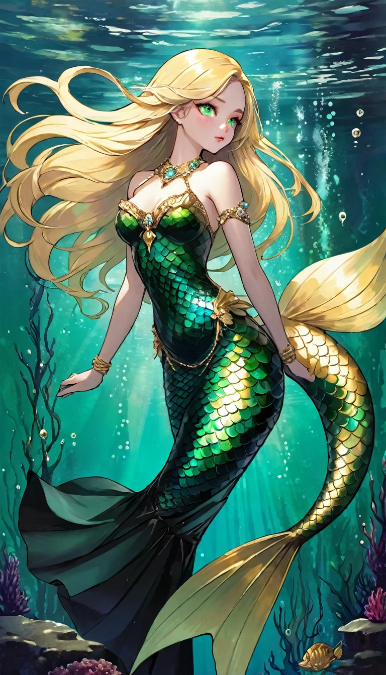mermaid, intricate detailed mermaid tail, iridescence green and gold scales, confident stare, feminine pose, messy long blonde hair adorned with jewels, very detailed water background, perfect lighting, epic, masterpiece, high-resolution, high-definition, Darksynth aesthetic, minimalist background, gothic makeup, weird fashion photography, ultra detailed, masterpiece. (art inspired in Skottie Young and Bill Sienkiewicz). oil painting)