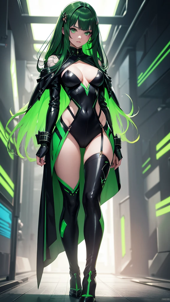 masterpiece, highest quality, (solo focus), (perfect face:1.1), (full body), (high detail:1.1), (hyper detailed eyes), dramatic, a woman with paleskin and long dark green hair, green eyes, solo, arrogant expression, neon cyberneticoutfit, heels, white background, art by artgerm, cinematic lighting, fashion, BalenciagaStyle