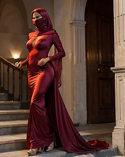 a woman in the silk red gown, with a covered face, tight full body tied, satin sheet, nipple on, satin hijab, full body, long satin,mermaid tight long gown, niqab, tall women, walk downstair, strugle to walk, flowing gown on stairs, dramatic haute gown, use high heels,
