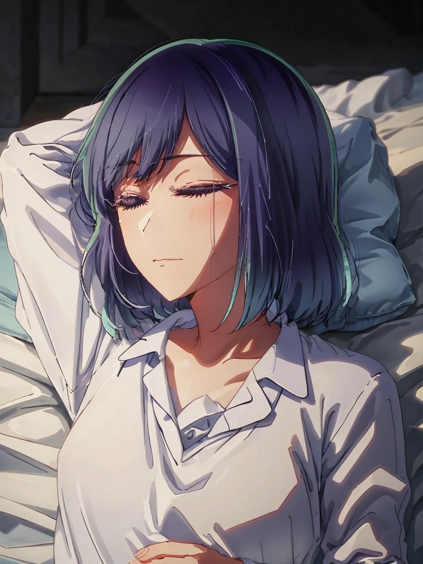 masterpiece, best quality, 1 girl, alone, sleeping, eyes closed, lying down, pajamas, good body, beautiful, sexy