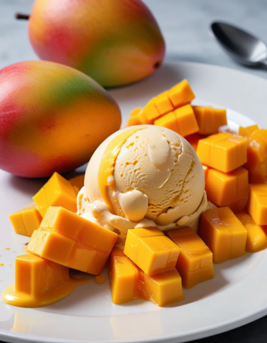 (mango fruit and mango fruit pieces and mango ice cream on a white plate), closeup, macroscopic photo, hyperdetalization, hyperrealism, beautiful foreshortening, cinematic, glow, reflexes, illuminated ((dominant three colors))