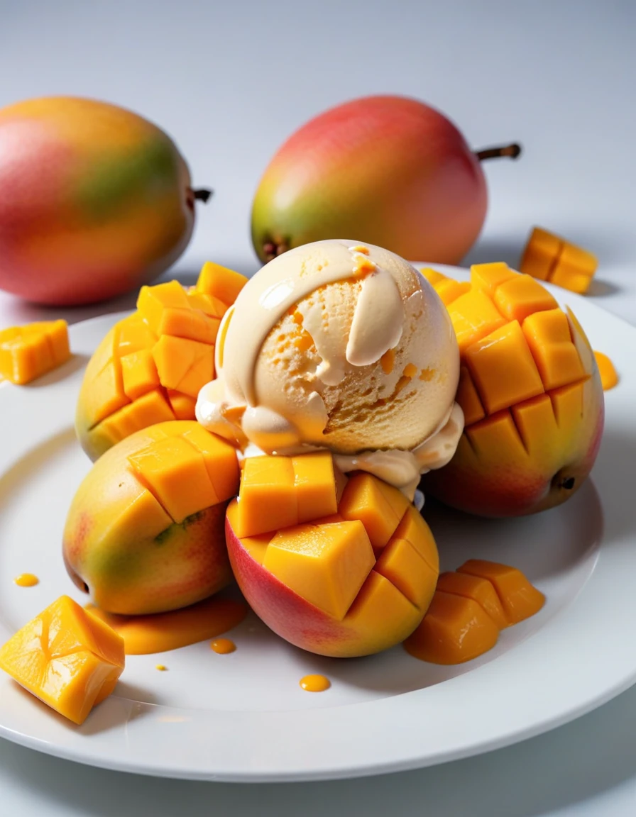 (mango fruit and mango fruit pieces and mango ice cream on a white plate), closeup, macroscopic photo, hyperdetalization, hyperrealism, beautiful foreshortening, cinematic, glow, reflexes, illuminated ((dominant three colors))