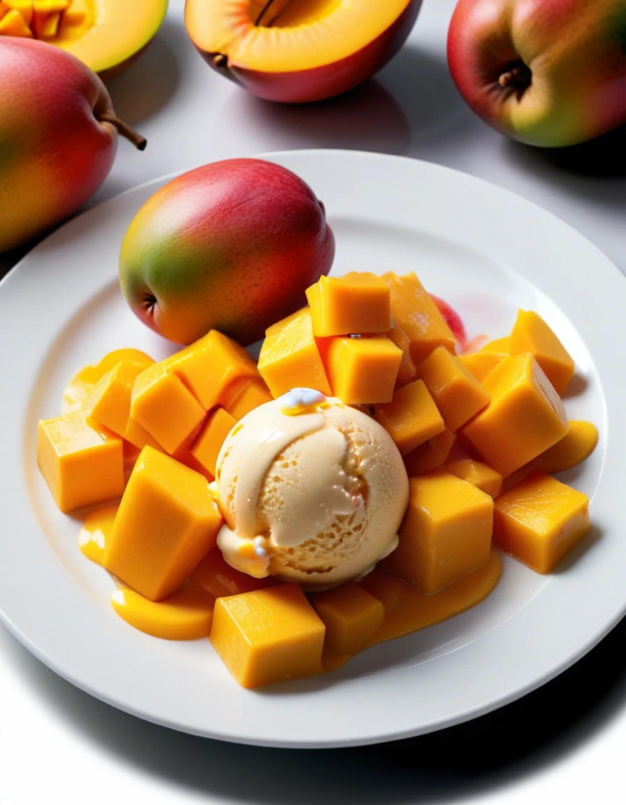 (mango fruit and mango fruit pieces and mango ice cream on a white plate), closeup, macroscopic photo, hyperdetalization, hyperrealism, beautiful foreshortening, cinematic, glow, reflexes, illuminated ((dominant three colors))