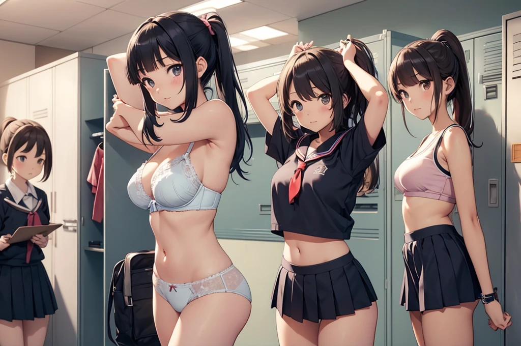 japanese 3girls,standing,undressing,school unform,looking at me,****ars old,(bra:1.1),panties,cute,(kawaii:1.2),big breasts,cowboy shot,undressing,school unform,arms up,ponytail,locker room,