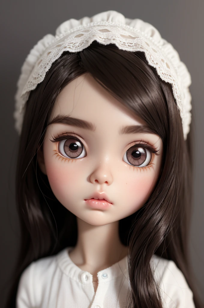 I create a SMALL blythe doll THAT IS ONLY ONE HEAD with the following characteristics:Brown hair,Brown eyes,pink lips, medium nose,long hair with OPEN curtain fringe