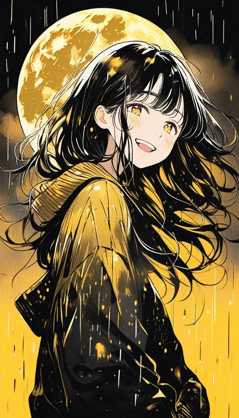 Illustrator, anime , Realistic ,sketch , smile、Laughing with your mouth open、Abstract rain on background、Shining golden full moon、whole body、1 girl, ,lip, sweater,order, Black gradient background, black髪,Short Bob、blacktshirt、Textured Trim, Canadian, (masterpiece,Highest quality) Cancer