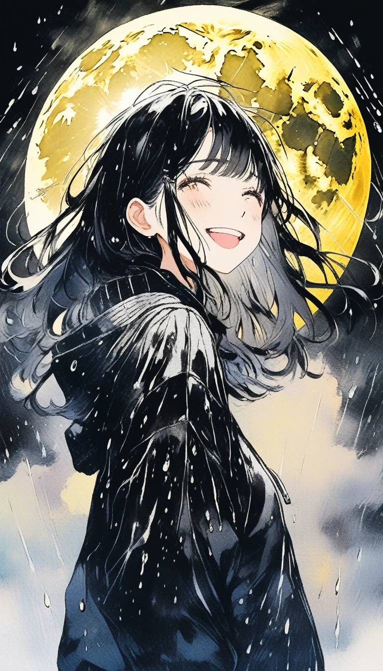 Illustrator, anime , Realistic ,sketch , smile、Laughing with your mouth open、Abstract rain on background、Shining golden full moon、whole body、1 girl, ,lip, sweater,order, Black gradient background, black髪,Short Bob、blacktshirt、Textured Trim, Canadian, (masterpiece,Highest quality) Cancer