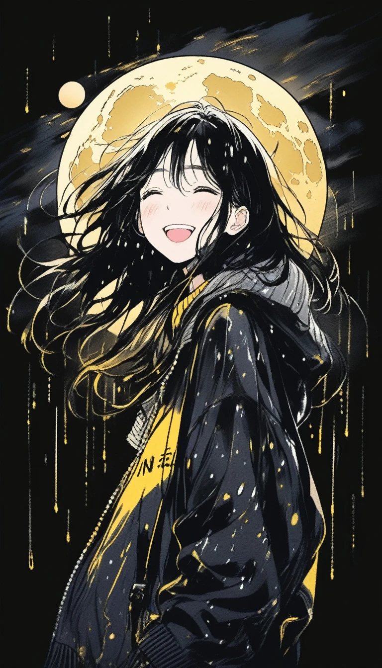 Illustrator, anime , Realistic ,sketch , smile、Laughing with your mouth open、Abstract rain on background、Shining golden full moon、whole body、1 girl, ,lip, sweater,order, Black gradient background, black髪,Short Bob、blacktshirt、Textured Trim, Canadian, (masterpiece,Highest quality) Cancer