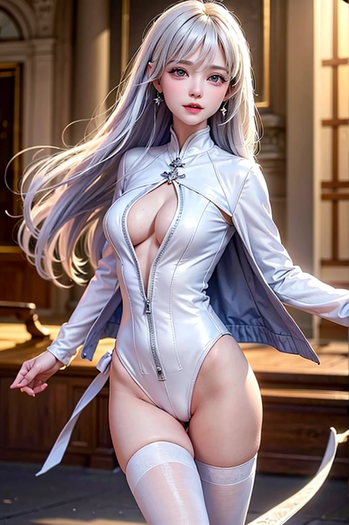 (Close-up image)((masterpiece:1.5,Highest quality,Highly detailed images,Beautiful images、Realistic、Photorealistic、2.5D))(1girl, 独奏,)(Adult women、medium beautiful breasts, white hair, beautiful eyes、Beautiful cleavage)(cleavage_cutout, Leather Suit, Jacket)(smile, wind, floating hair)(dark、Soft lighting、Fantastic Background）
