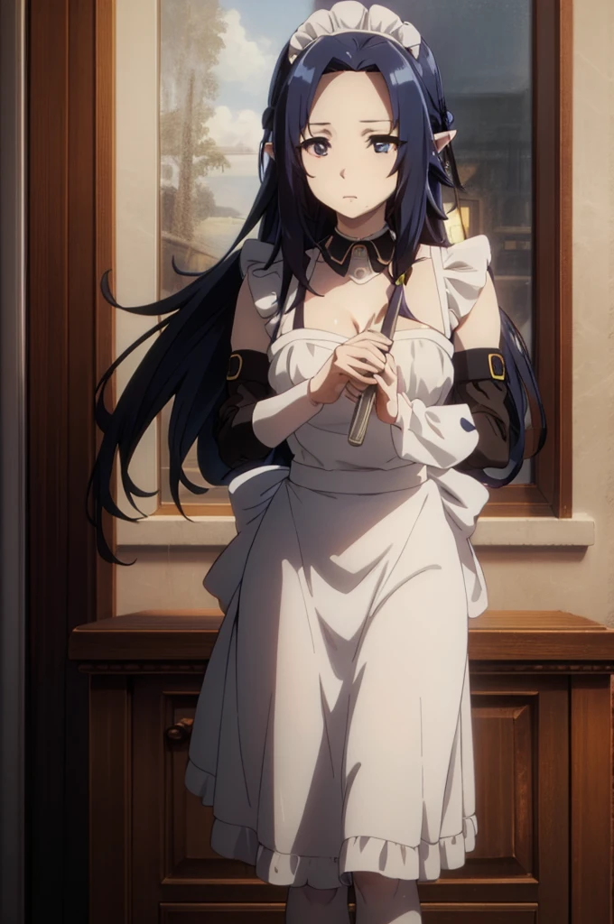 best quality, dark blue hair,,long hair,blue eyes,pointy ears,elf,,masterpiece, highres, solo, (maid:1.40), (long maid dress:1.15), anime_style, 14