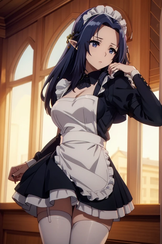 best quality, dark blue hair,,long hair,blue eyes,pointy ears,elf,,masterpiece, highres, solo, (maid:1.40), (long maid dress:1.15), anime_style, 14
