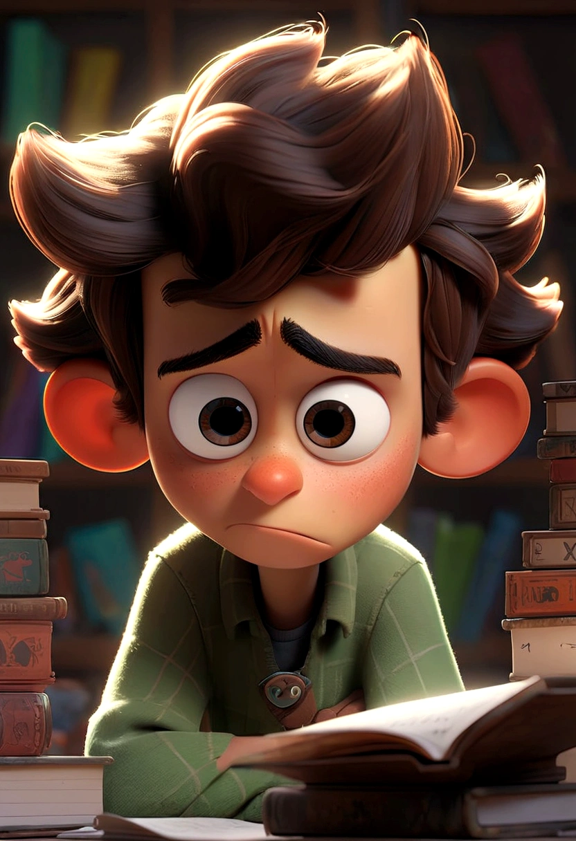 “A Pixar-style teenager character named Frustino, with dark circles under his eyes, messy hair, and surrounded by books and notebooks. He has a desperate expression while looking at a complicated equation."