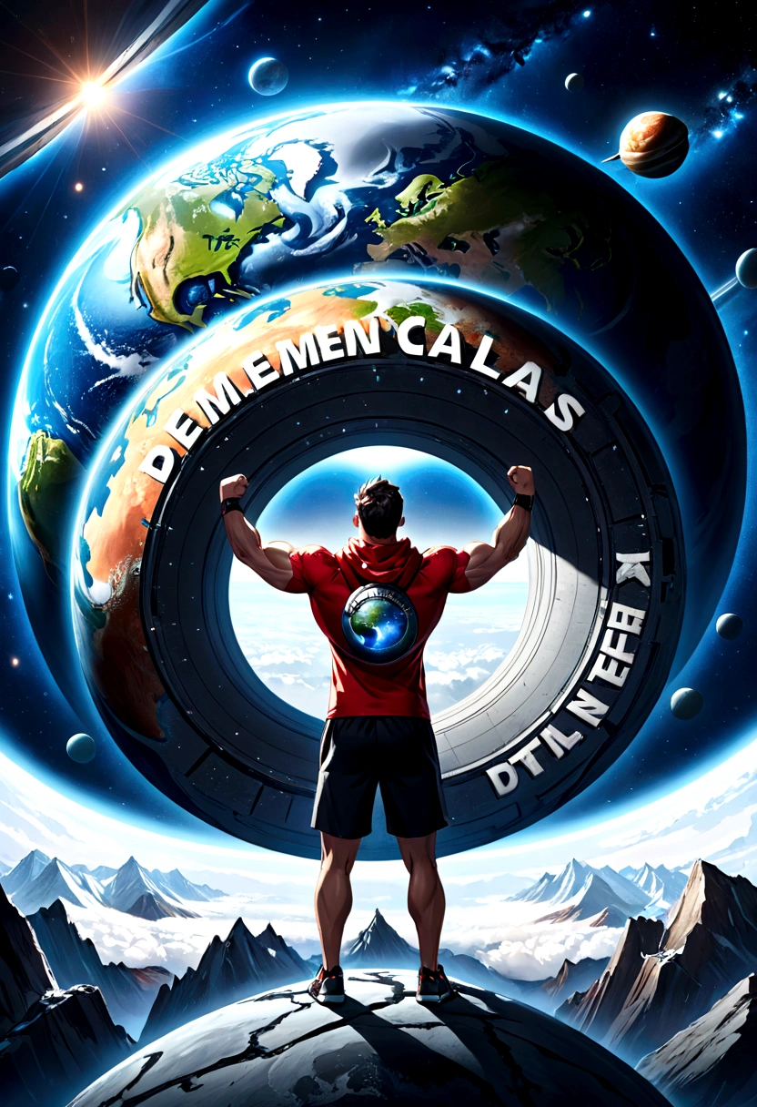 {{Obra maestra, mejor calidad, CG extremadamente detallado, fondo de pantalla de unidad 8k, iluminación cinematográfica, }}, Sony α7, marco ancho, Stronger and athletic Atlas carrying a planet over his shoulders, around that planet there is a letters with stronger and perfectly readable typography that says DEMENTIAL, the letters texture are from pulished steel, the texture of the planet is rocky, Atlas is athletic and fitness.