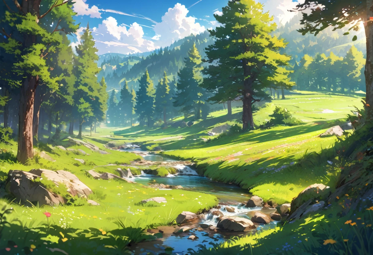 Midsummer Forest,Hot sunshine,countryside，Highest quality，masterpiece，Midday,landscape,There is no one here,stream