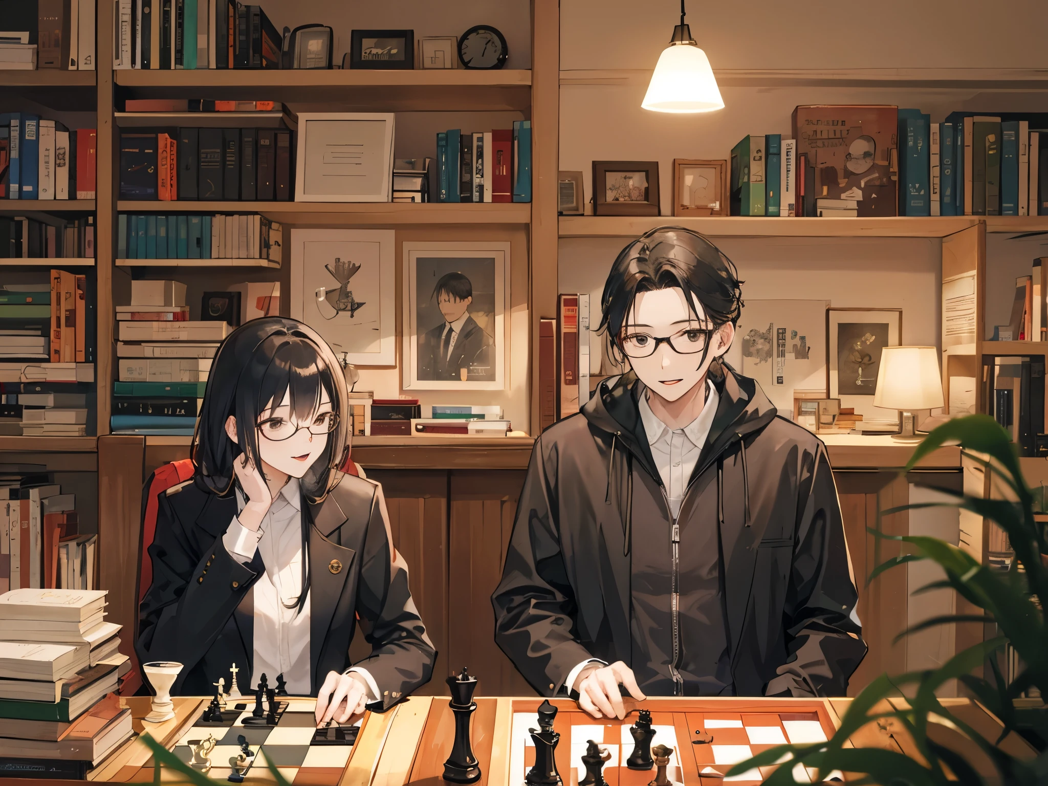 A woman and a slim man with glasses are happily playing chess at night in a room cluttered with books、Both are 28 years old


