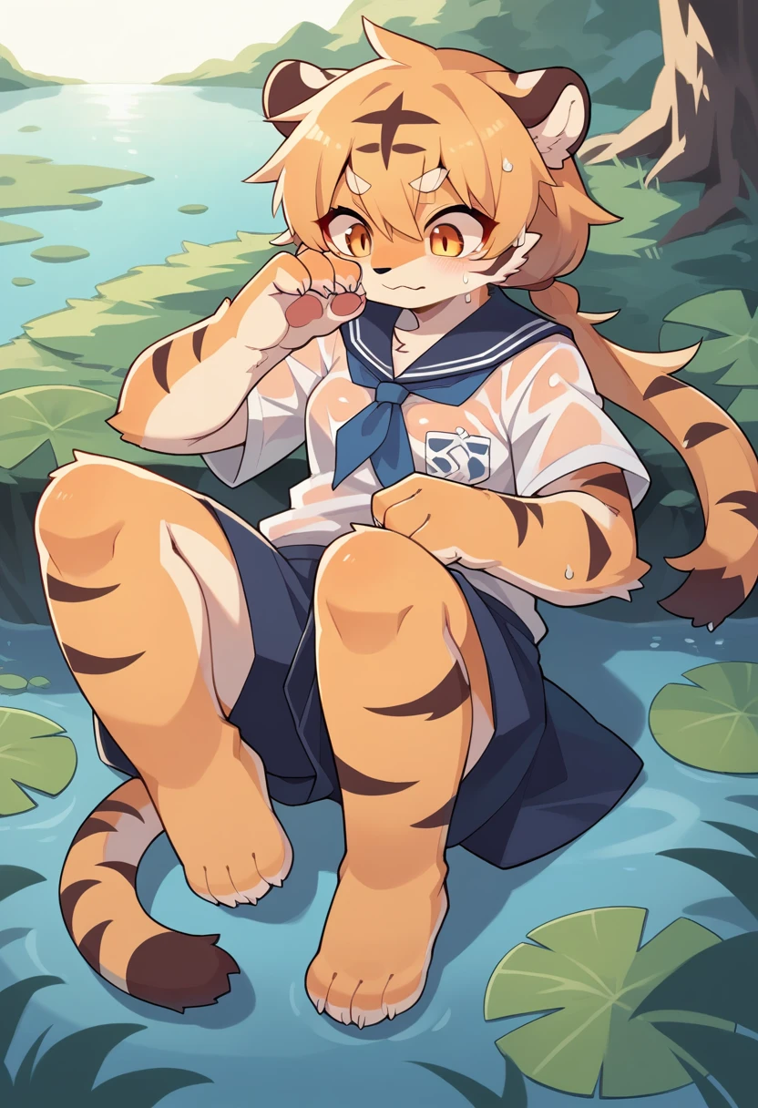 cover page, highres, top quality, best quality, paid reward available, unparalleled masterpiece, perfect artwork, absurdres(cute 1girl, kemono, solo focus, female)lake, volumetric lighting, Wet clothes, Embarrassing, Furry body, tiger facial features, tiger body features, very detailed body fur, full body,