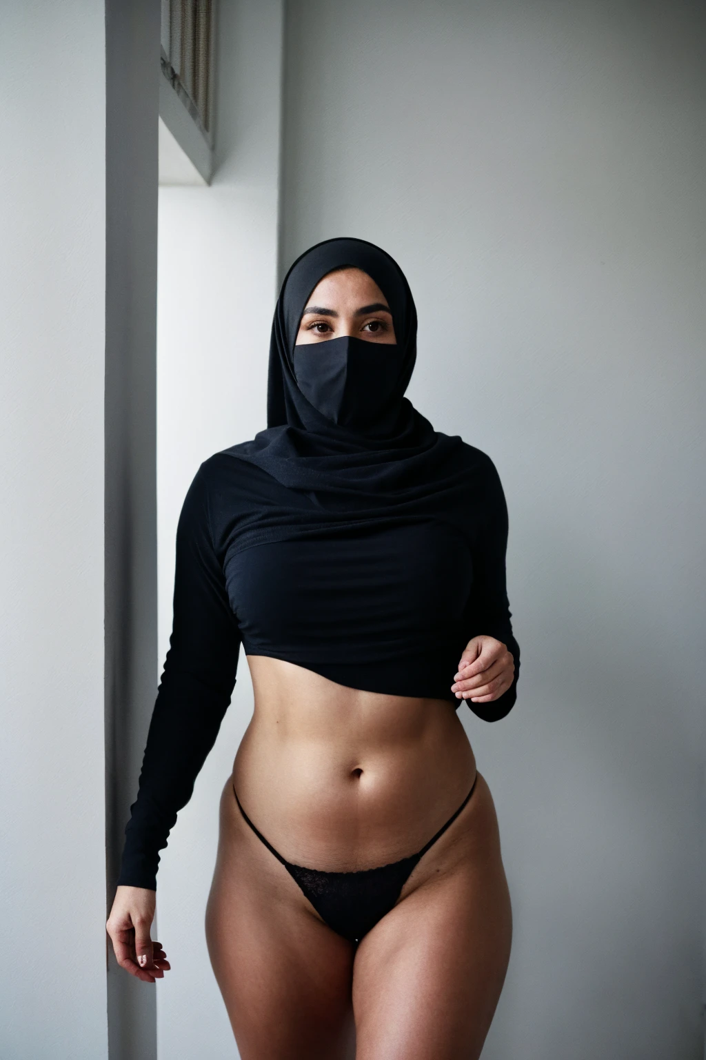 RAW photo,dark,moody,hazy atmosphere,35mm focal lenght,underexposed,cold,candid photograph,artistic,full body,photo of a beautiful,influencer,30yo Kurdish woman,hijab,detailed skin,naked, looking at viewer, thick body structure,grey background,no background, candid pose,dim room,blue light, film grain, kodak color, instagram LUT