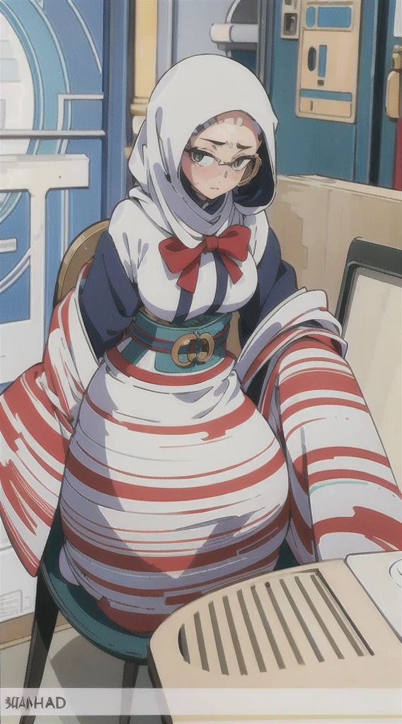  (Best quality, 8k, 32k, Masterpiece, UHD:1.2),Photo of Pretty Japanese hijab woman, large breasts, clean background, photo studios, fetish hijab, woman hijab sitting in a chair, digital art, gucci style, gucci clothes, album, official artwork, streetwear graphic design ,photo in studio, clean background, The Queen.