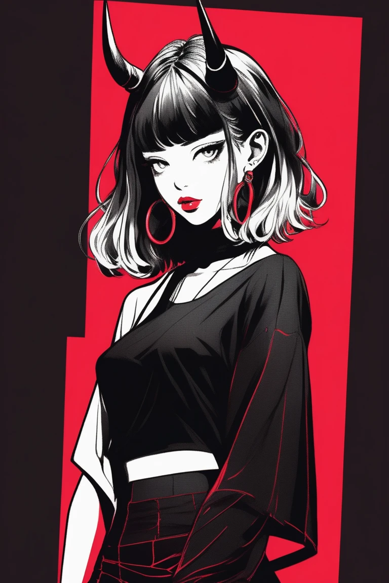 (best quality, sketch:1.2),realistic,illustrator,anime,1 girl with horns, detailed lips,custom, short skirt, black and red gradient background,neon hair,textured cropping, masterpiece, style retro classic, noir style , Japanese style, full body ((monochrome))