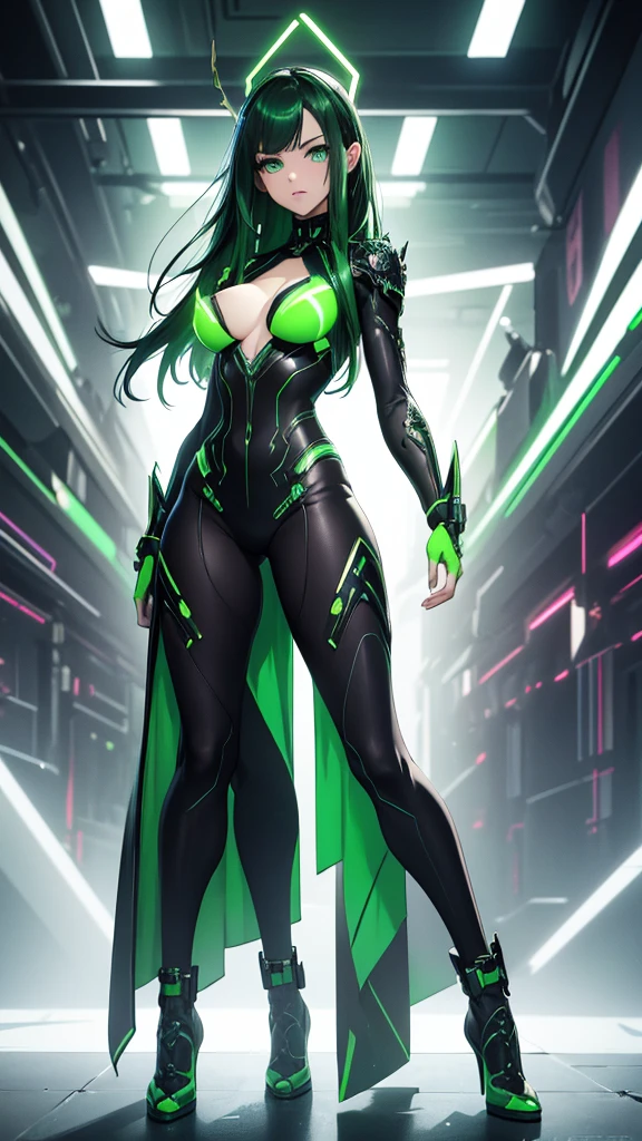masterpiece, highest quality, (solo focus), (perfect face:1.1), (full body), (high detail:1.1), (hyper detailed eyes), dramatic, a woman with paleskin and long dark green hair, green eyes, solo, arrogant expression, neon cybernetic outfit, heels, white background, art by artgerm, cinematic lighting, fashion, BalenciagaStyle