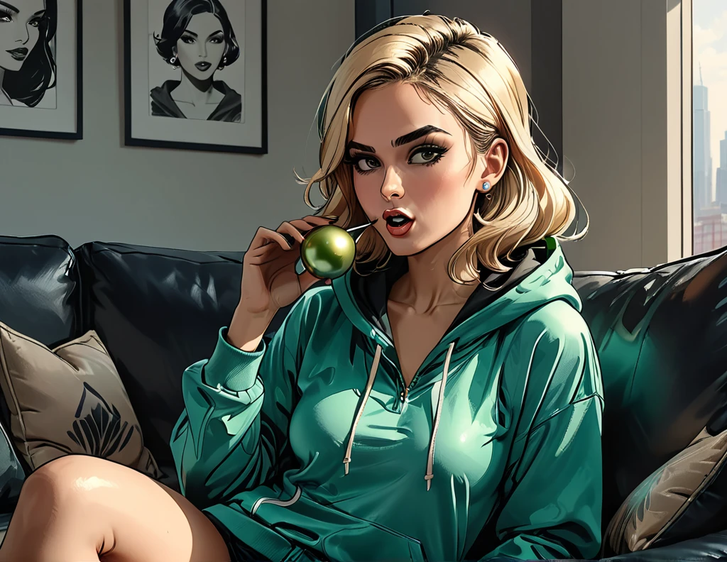 green ((pearl)) at hands,portrait girl with black hijab eating a green pearl in (Blue oversized hoodie) and black Elastic shorts sits at sofa at dark green office, (open mouth), adult, [Nordic], Hourglass elongated fitness body, perfect Olive skin, Oval Face, Long neck, Rounded shoulders, perfect hand, Attached Pointed ears, round forehead, Short blonde Waves pixie hair, snub nose, Arched eyebrows, High Round Narrow cheekbones, Dimpled Cheeks, Rounded Chin, Rounded Jawline, Full nude Lips, Nude Makeup Look, long eyelashes, graphic style of novel comics, 2d, 8k, hyperrealism, masterpiece, high resolution, best quality, ultra-detailed, super realistic, Hyperrealistic art, high-quality, ultra high res, highest detailed, lot of details, Extremely high-resolution details, incredibly lifelike, colourful, soft cinematic light,