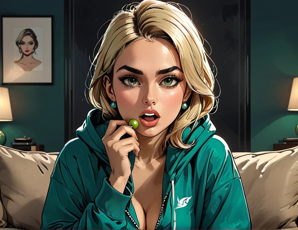 green ((pearl)) at hands,portrait girl with black hijab eating a green pearl in (Blue oversized hoodie) and black Elastic shorts sits at sofa at dark green office, (open mouth), adult, [Nordic], Hourglass elongated fitness body, perfect Olive skin, Oval Face, Long neck, Rounded shoulders, perfect hand, Attached Pointed ears, round forehead, Short blonde Waves pixie hair, snub nose, Arched eyebrows, High Round Narrow cheekbones, Dimpled Cheeks, Rounded Chin, Rounded Jawline, Full nude Lips, Nude Makeup Look, long eyelashes, graphic style of novel comics, 2d, 8k, hyperrealism, masterpiece, high resolution, best quality, ultra-detailed, super realistic, Hyperrealistic art, high-quality, ultra high res, highest detailed, lot of details, Extremely high-resolution details, incredibly lifelike, colourful, soft cinematic light,