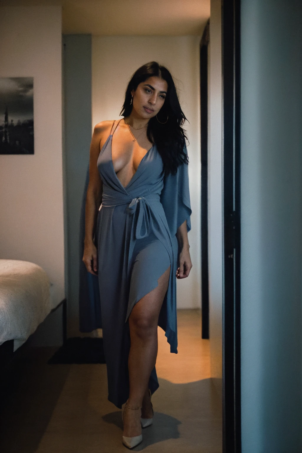RAW photo,dark,moody,hazy atmosphere,35mm focal lenght,underexposed,cold,candid photograph,artistic,full body,photo of a beautiful,high-society,rich,elegant,30yo Iranian woman,detailed skin,naked,Kaftan, pubes,looking at viewer, thick body structure,grey background,no background, candid pose,dim room,blue light, film grain, kodak color, instagram LUT