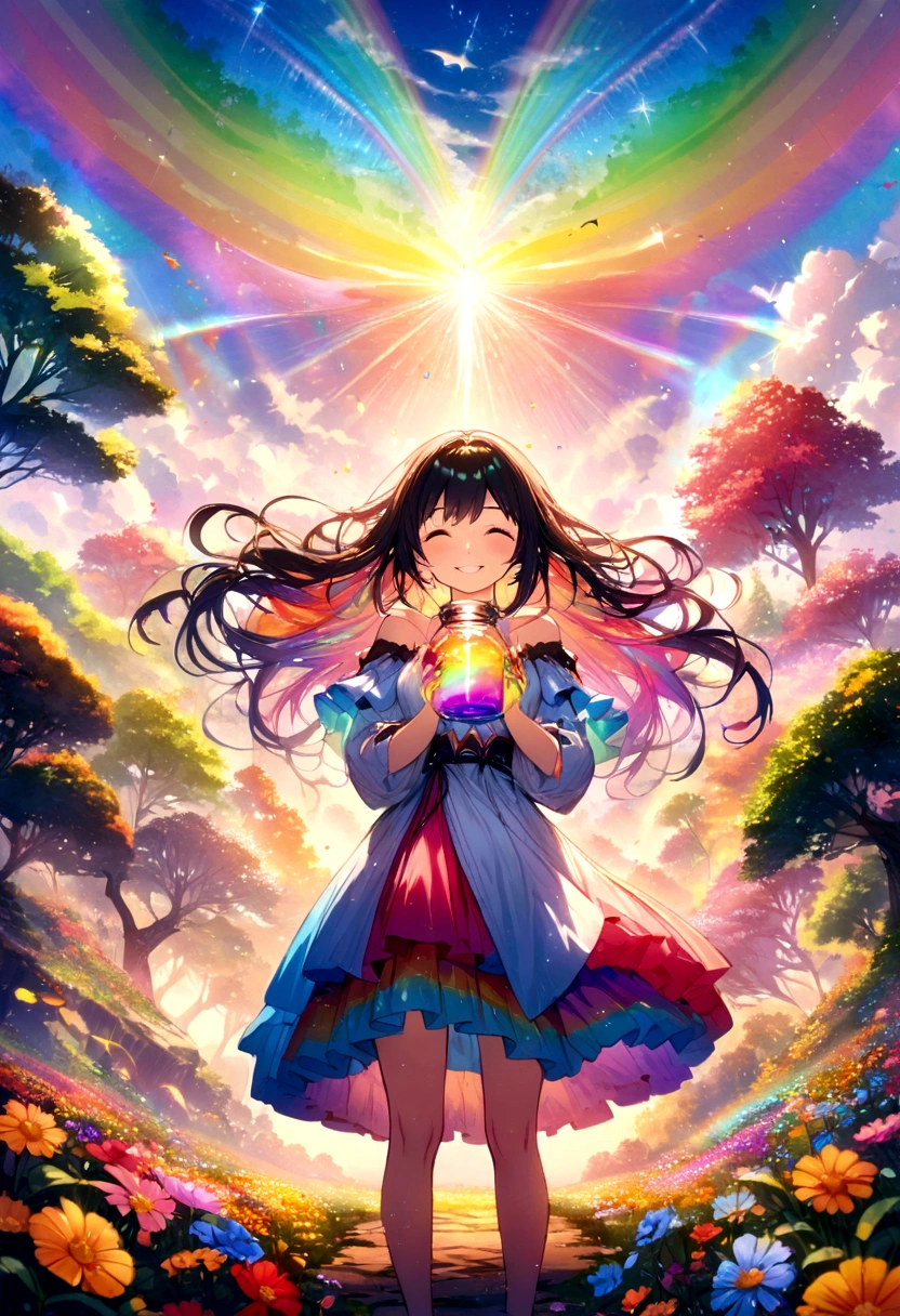 A girl standing with a beaming smile on her face, holding the jar of magic paint in her hands. It is surrounded by a magical and colorful environment, with colorful flowers, vibrant trees and a sky full of rainbows. 4k resolution