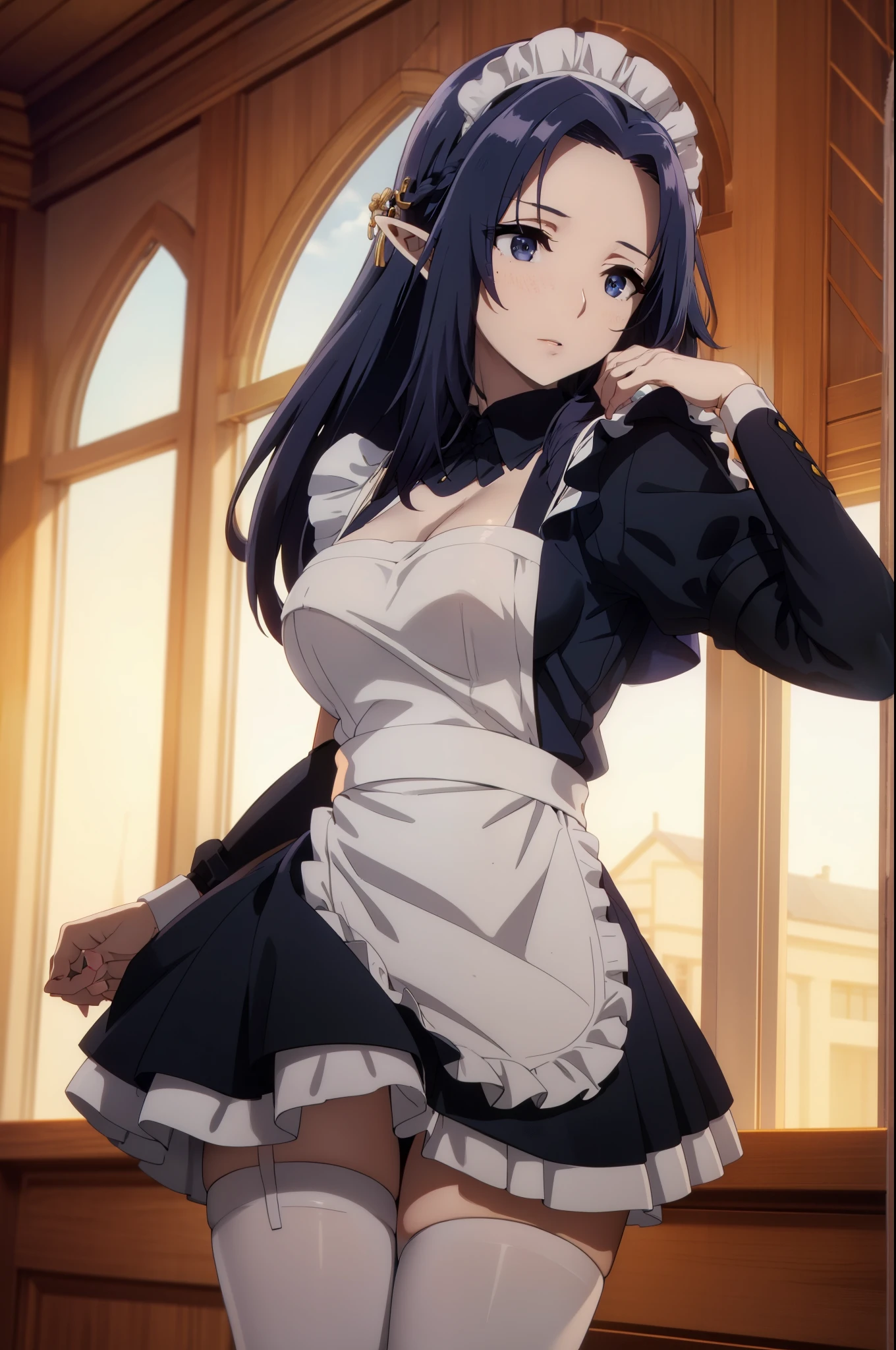 best quality, dark blue hair,,long hair,blue eyes,pointy ears,elf,,masterpiece, highres, solo, (maid:1.40), (long maid dress:1.15), anime_style, 14
