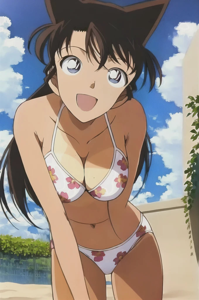 ran, 1girl, solo, long_hair, breasts, looking_at_viewer, smile, open_mouth, blue_eyes, large_breasts, brown_hair, navel, cleavage, collarbone, swimsuit, :d, bikini, day, cloud, leaning_forward, ((マイハウス_garden)), white_bikini, beach, floral_print, tan, print_bikini